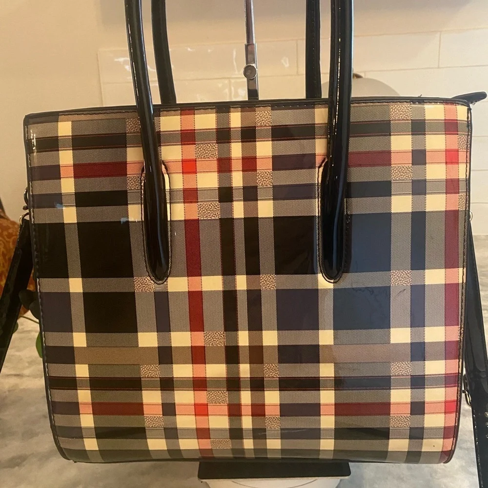 Black Patent Leather Basket Weave Check Satchel / Tote Bag - Picture 4 of 6